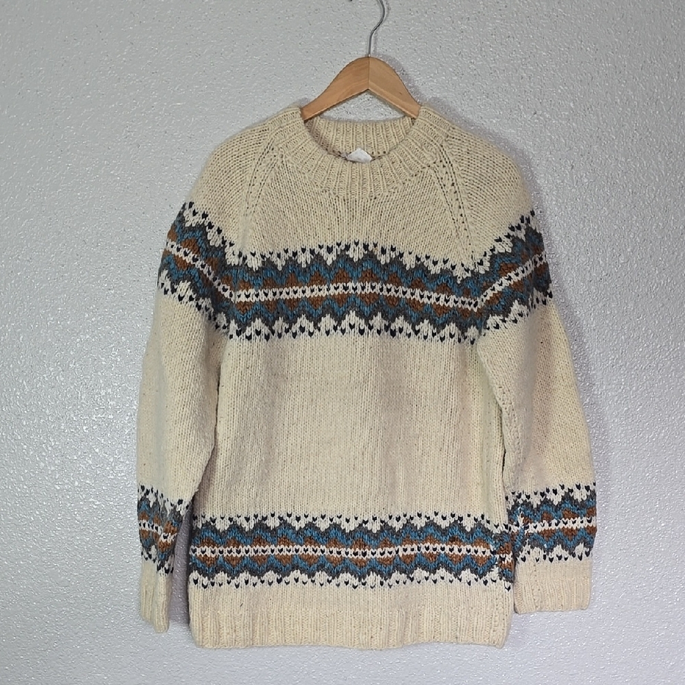 Vintage Men's Cream Patterned Wool Sweater